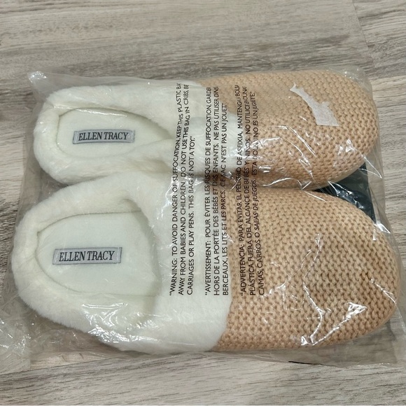 NWT Ellen Tracy Tan Sweater Knit Faux Fur Slip On House Slippers Size XL 10-11 - Picture 1 of 4